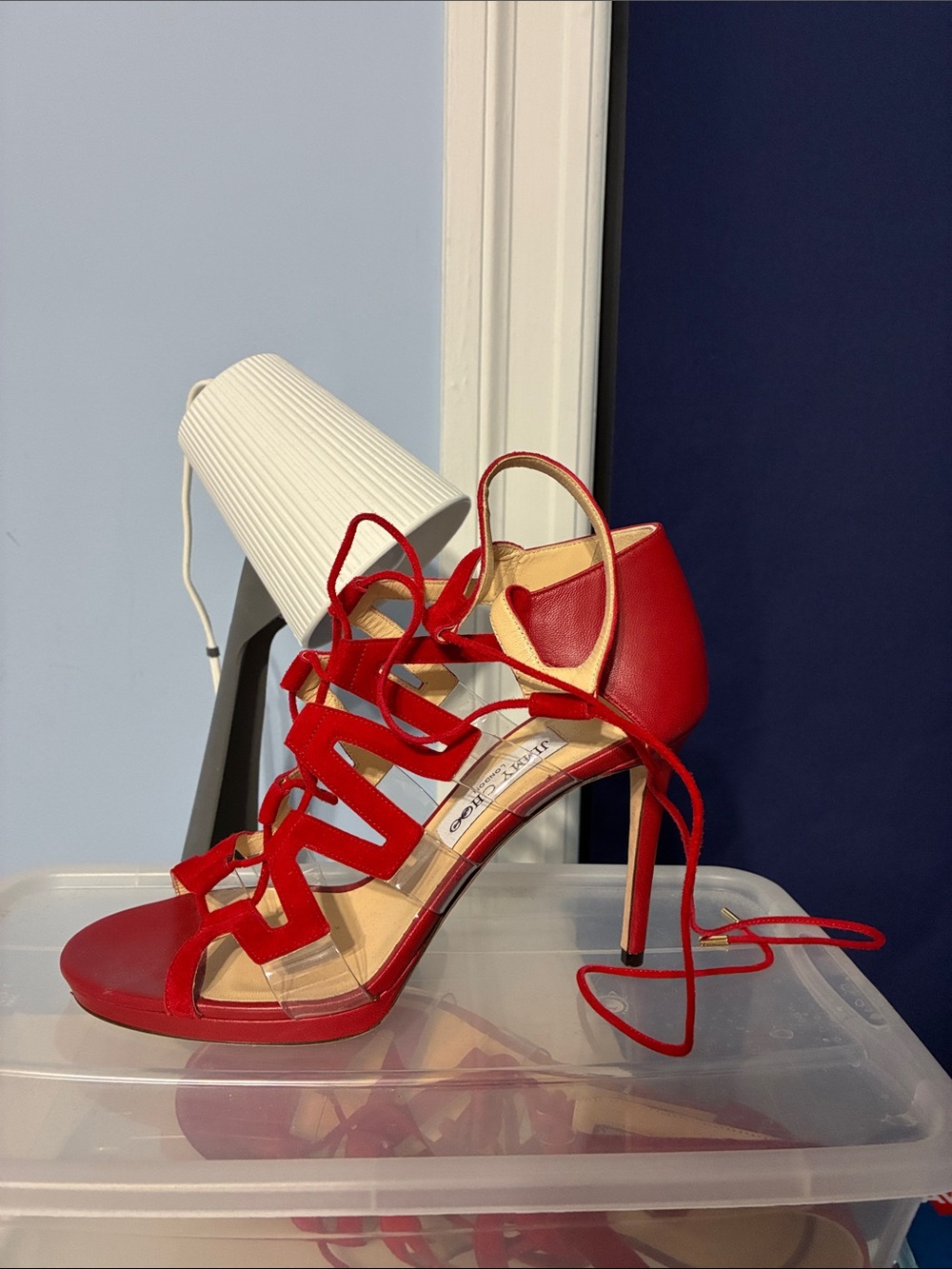 Jimmy Choo Red Strappy Lace-Up Stiletto Sandals